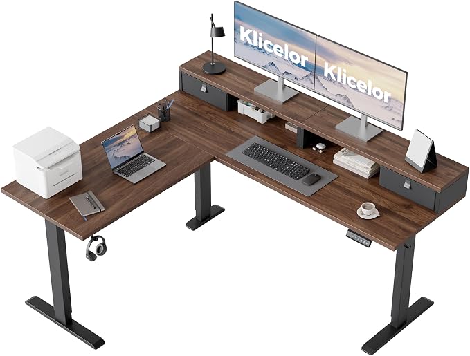 Klicelor L Shaped Electric Standing Desk 63 x 55.1 inch with Shelf, Height Adjustable Corner Desk, Sit Stand Desk with Storage Shelf, Home Office Computer Table, Dark Walnut