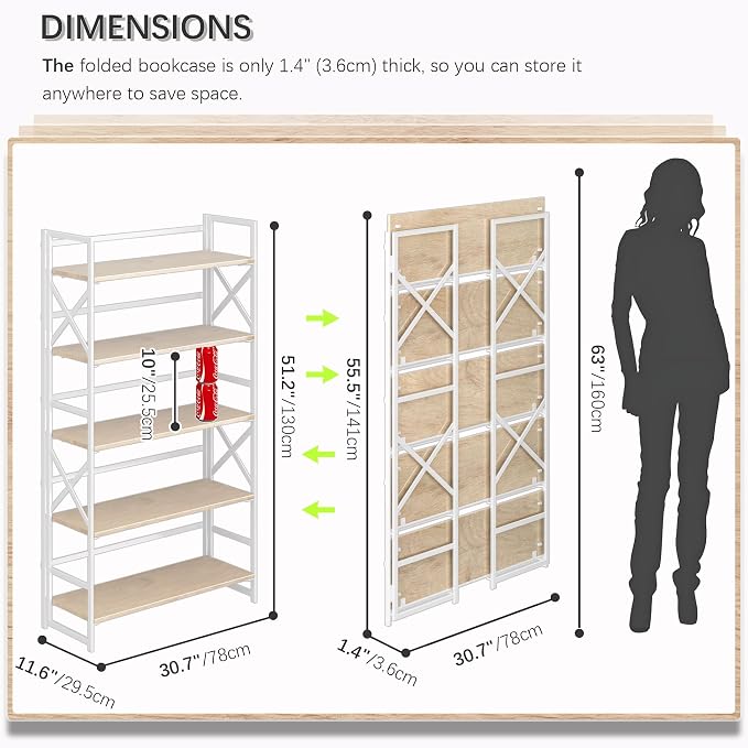 4NM Extra Wide 5 Tiers No Assembly Book Shelves, 51.2" H Folding Bookshelf Bookcase Open Industrial Foldable Shelves for Bedroom, Living Room, Home Office - Natural White
