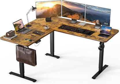 63 x 55 inch L-Shaped Standing Desk, Corner Computer Desk, Electric Standing Desk Adjustable Height, Sit to Stand Ergonomic Workstation for Home Office, Rustic Brown