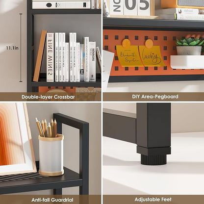 Brakki Desk Shelf, Desk Hutch Bookshelf, Desktop Shelf with Pegboard, Black | L35.43", 2 Tier Bookcase, for Computer Monitor, Metal Desktop Hutch, Storage Organizer for Dorm Home Office