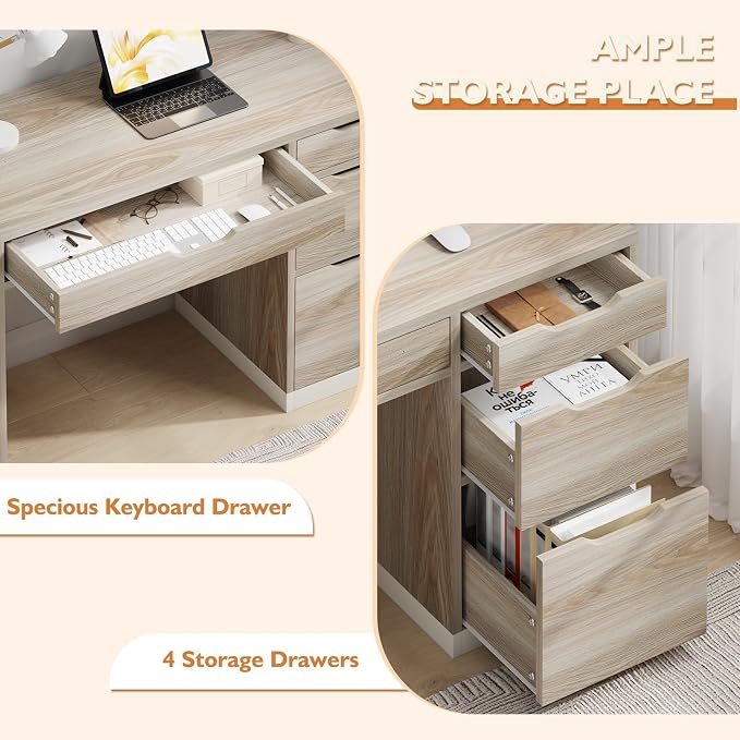 MaverickFurni 48 Inch Small Desk with Drawers, Computer Desk with Storage File Drawer for Bedroom, Office Desk with Storage for Small Space, Light Walnut