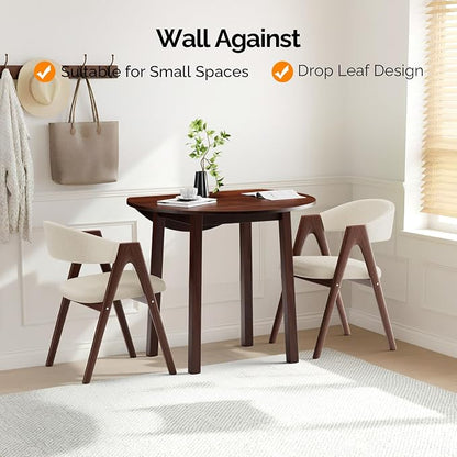 VINGLI 35" Solid Wood Folding Dining Table, Drop Leaf Kichen Dining Room Desk for Small Spaces, Small Kitchen, Expandable Folding Round Table for Home, Apartment,Office, Brown
