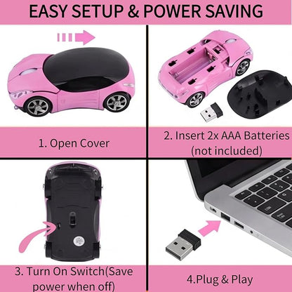 Pink Wireless Car Mouse, 2.4G Optical with USB Receiver, 1600DPI Mini Mouse, Compatible with Windows XP/Vista/7/ME/2000 & Mac OS, for PC/Laptop/Tablet, Women Girls Office
