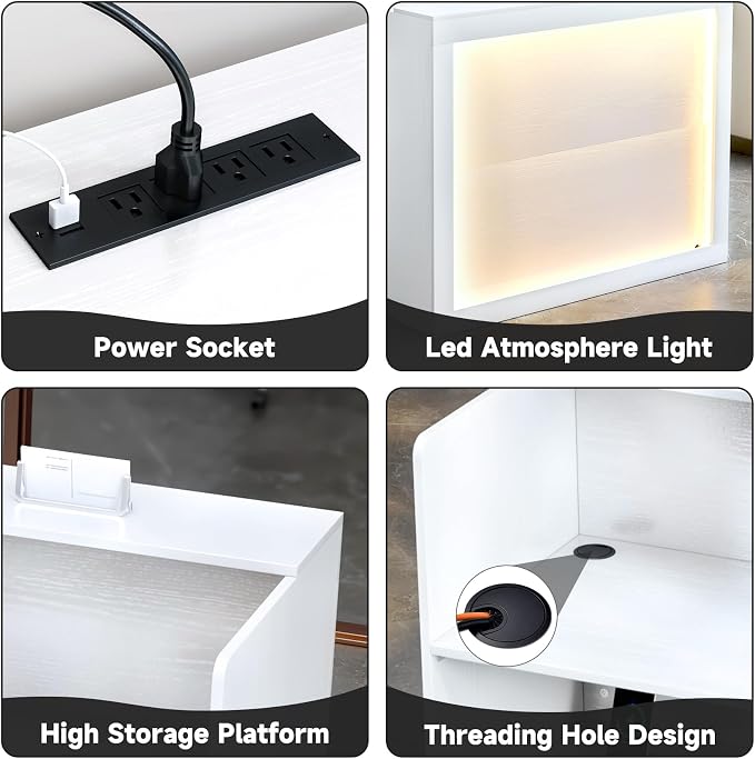 TC-HOMENY Reception Desk with LED Lights, 55'' Retail Counter Modern with Storage Shelves and Cable Grommet, Front Table, Salon Desk, Office Table,White