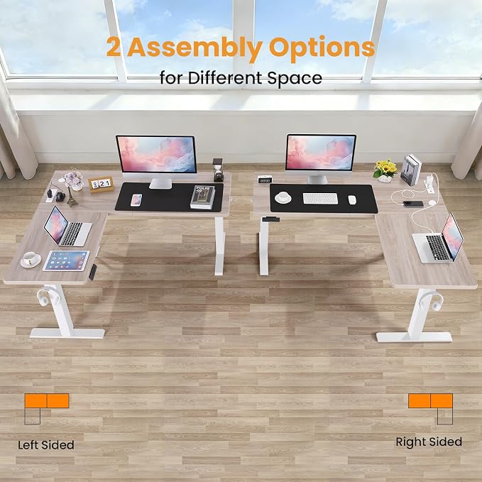 63” L Shaped Standing Desk with Charging Station, Supports Left and Right Swapping, Electric Height Adjustable Corner Stand Up Desk. Free Hook, Lockable Wheels,Mouse Pad,Oak