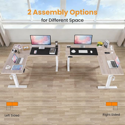 63” L Shaped Standing Desk with Charging Station, Supports Left and Right Swapping, Electric Height Adjustable Corner Stand Up Desk. Free Hook, Lockable Wheels,Mouse Pad,Oak