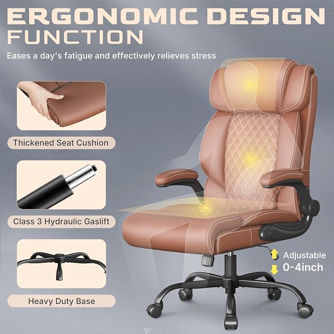 Office Chair-Executive High Back Breathable Big and Tall Office Chair Flip-up Armrests Lumbar Support-Ergonomic Leather Rolling Swivel Chair with Rock Function for Working Studying Gaming,4 Pack