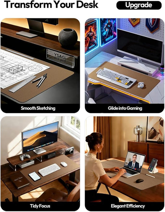 YSAGi Leather Desk Protector, Office Mat, Large Mouse Mat, Non-Slip PU Leather Blotter, Laptop Desk, Waterproof Writing Pad for Office and Home (Shiny Bronze, 35.4" x 17")