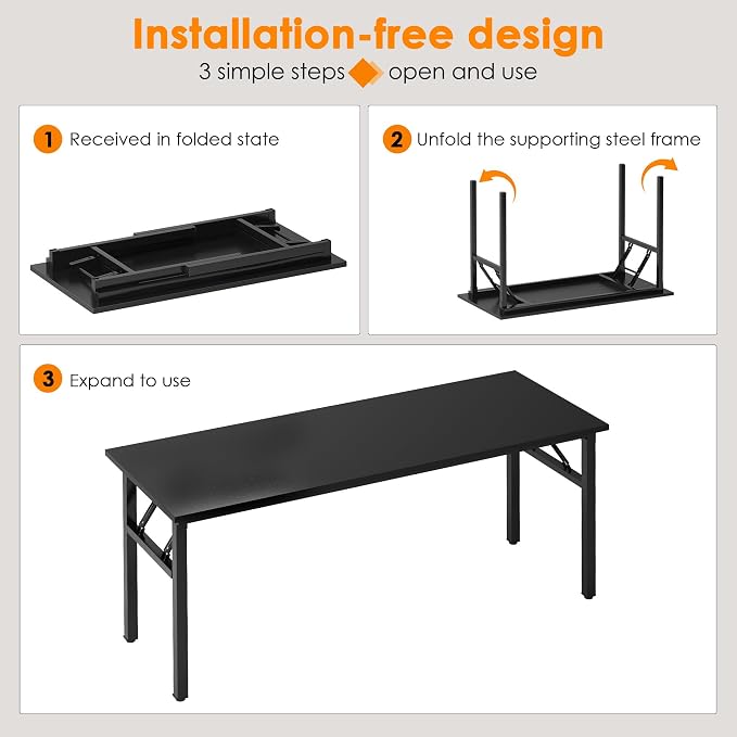 Need Folding Computer Desk, Large 62 inches Folding Table for Home Office, No Install Needed Foldable Writing Table Long Desk, Space-Saving, Black