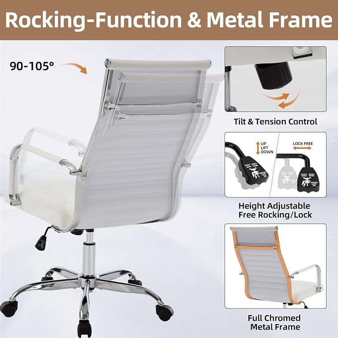 Office Chair, Ergonomic Executive Conference Room Chairs, Ribbed Leather Desk Chair with Lumbar Support, Adjustable Height Mid-Back Swivel Chair (Triple Bend Handrail Armrests, White)