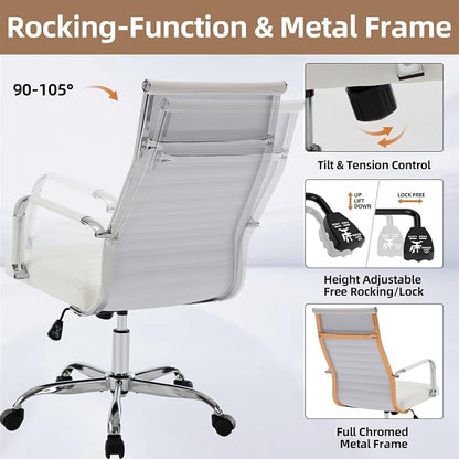 Office Chair, Ergonomic Executive Conference Room Chairs, Ribbed Leather Desk Chair with Lumbar Support, Adjustable Height Mid-Back Swivel Chair (Triple Bend Handrail Armrests, White)