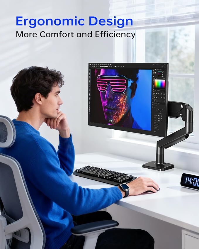 Single Monitor Stand for 13 to 32 inch Screens, Gas Spring Monitor Arm with Swivel, Tilt, Rotation, Height Adjustable, Desk Mount with C-Clamp and Grommet Base, Holds 4.4 to 19.8lbs Screen, Black