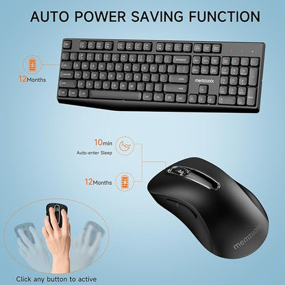 memzuoix Wireless Keyboard and Mouse Combo, 2.4G Full-Size Ergonomic Set with 1400 DPI Mouse, Lag-Free USB Receiver, 6-Month Battery Life for PC/Laptop/Windows/Mac (Black)