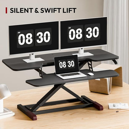 SANODESK 42" Extra Large Standing Desk Converter, Height Adjustable Sit Stand Riser with Wide Keyboard Tray, Dual Monitor Workstation for Home Office, Ergonomic Desktop Riser, Black