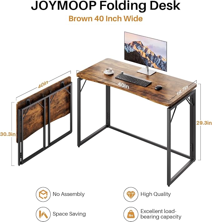 JOYMOOP Folding Desk Rustic Brown - 40", No Assembly Foldable Desk for Home, Office - Middle Size, Wooden Top Folding Computer Desk for Working, Writing, Studying