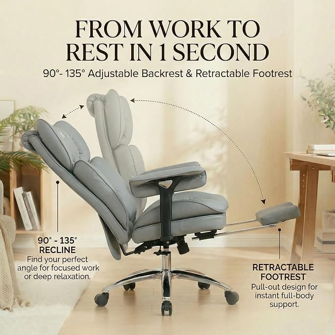 Efomao Big & Tall Desk Chair, Wide Executive Office Chair with Footrest Grey