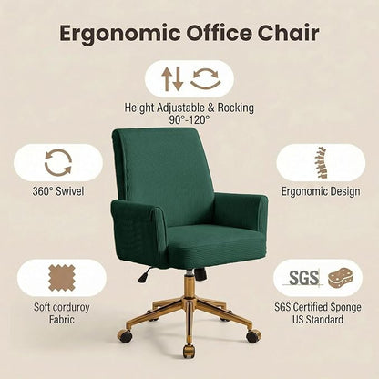 Stripes Velvet Home Office Desk Chair, Accent Upholstered Modern Height Adjustable Swivel Chair with Wheels,Ergonomic Task Chair for Living Room,Bedroom,Vanity,Study,Office（Green）