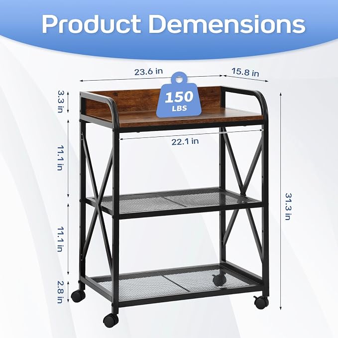 KATHY&BOB Large Printer Stand for Home Office, 23.6 x15.8 x 31.5 Inch Large Printer Table with Adjustable Storage Shelf, 3-Tier Mobile Rolling Printer Shredder Cart with Wheels, Stand for Heat Press