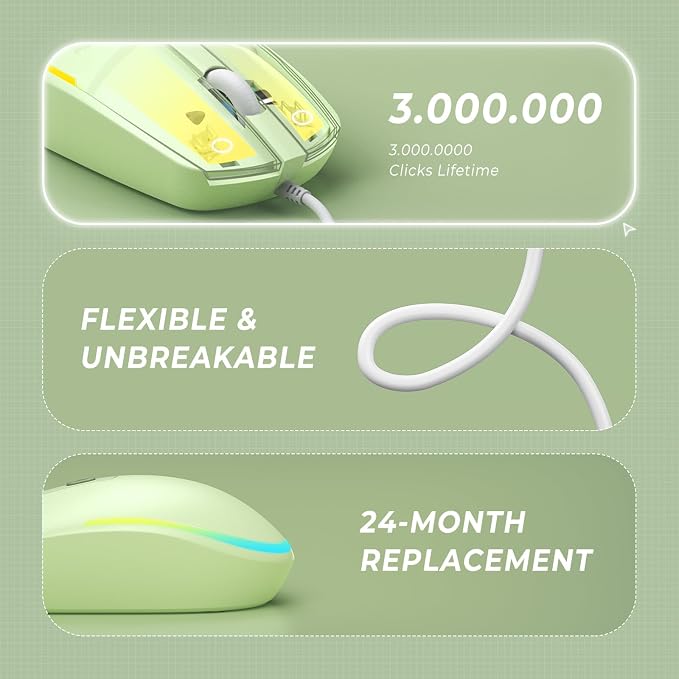 seenda Wired Mouse - USB Computer Mice Wired with RGB Backlit Optical LED Mouse with Attached USB Cord for Laptops Notebooks Chromebook - Green
