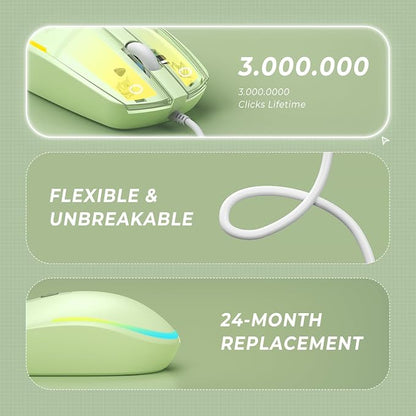 seenda Wired Mouse - USB Computer Mice Wired with RGB Backlit Optical LED Mouse with Attached USB Cord for Laptops Notebooks Chromebook - Green