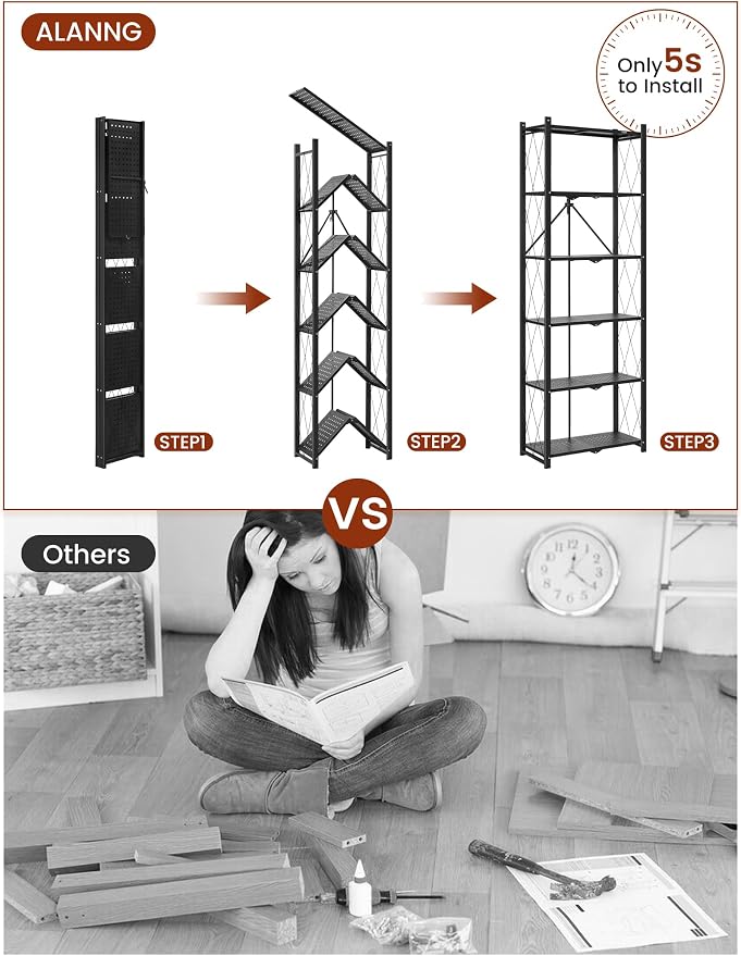 ALANNG 73.6 Inch Folding Bookshelf, 6 Tier Metal Bookcase and Bookshelves, Tall Shelves for Living Room Office Bedroom, Heavy Duty Book Shelve Free Standing Open (Black, 3PACK)