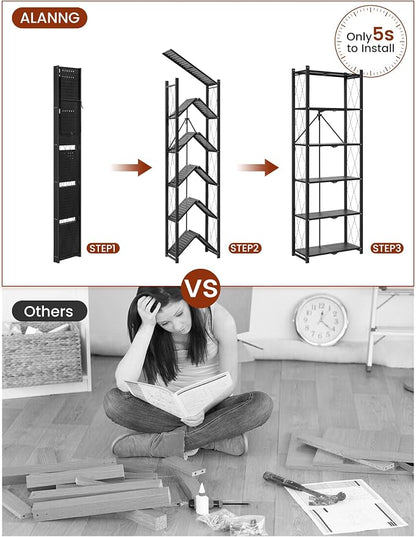 ALANNG 73.6 Inch Folding Bookshelf, 6 Tier Metal Bookcase and Bookshelves, Tall Shelves for Living Room Office Bedroom, Heavy Duty Book Shelve Free Standing Open (Black, 3PACK)