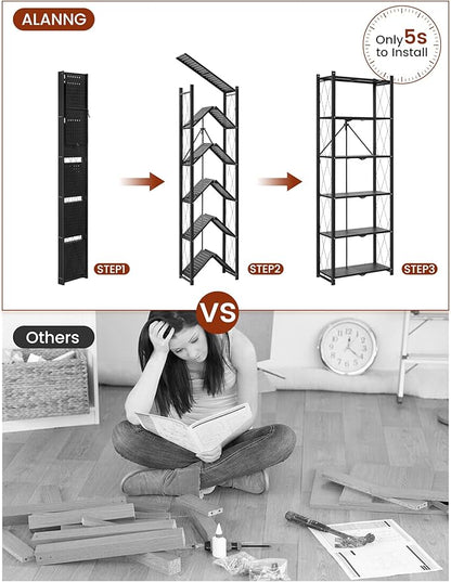 ALANNG 73.6 Inch Folding Bookshelf, 6 Tier Metal Bookcase and Bookshelves, Tall Shelves for Living Room Office Bedroom, Heavy Duty Book Shelve Free Standing Open (Black, 1PACK)