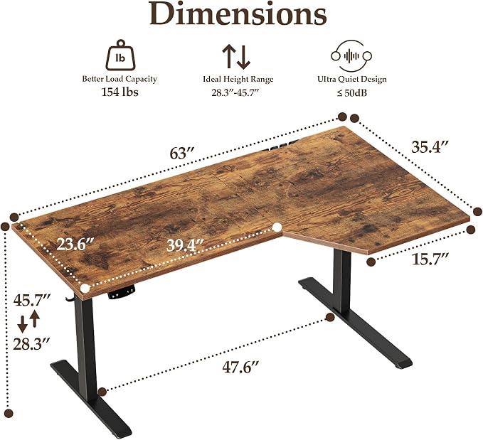 Klicelor L Shaped Standing Desk 63 x 35.4 Inch, Electric Height Adjustable Corner Desk for Home Office Workstation, Ergonomic Sit Stand Computer Table with Memory Controller, Rustic Brown
