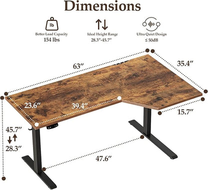 Klicelor L Shaped Standing Desk 63 x 35.4 Inch, Electric Height Adjustable Corner Desk for Home Office Workstation, Ergonomic Sit Stand Computer Table with Memory Controller, Rustic Brown