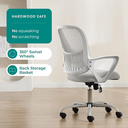 OLIXIS Home Office Chair, Mid Back Computer Ergonomic Mesh Desk with Large Seat, Executive Height Adjustable Swivel Task with Lumbar Support and Armrest, for Adults, Grey