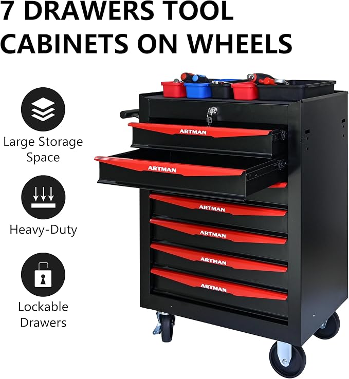 RYH 7 Drawers Rolling Tool Chest - Heavy Duty Mobile Tool Cart with Locking Wheels & Ball Bearing Drawers,30.5" H x 20.9" W x 13" D Garage Tool Storage Cabinet (Black, 7 Drawers)