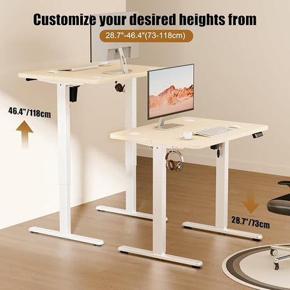 ERGOMAKER Electric Standing Desk, 31.5" x 23.6" Height Adjustable Sit Stand Desk with Splice Board for Home Office, Computer Desk Memory Preset (White Frame, Gold Oak Desktop)