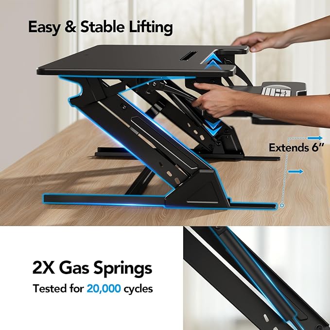 HUANUO 32" Z Shaped Standing Desk Converter with Wide Keyboard Tray, Black | Instant Sit-Stand Convert,Fits Dual Monitors,Dual Gas Spring Lifter,Wobble-Free Z-Steel,Quick Keyboard Install