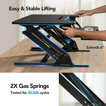 HUANUO 32" Z Shaped Standing Desk Converter with Wide Keyboard Tray, Black | Instant Sit-Stand Convert,Fits Dual Monitors,Dual Gas Spring Lifter,Wobble-Free Z-Steel,Quick Keyboard Install