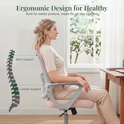 Home Office Desk Chair, Ergonomic Mid-Back Mesh Computer Task Chair with Comfortable Lumbar Support, Height Adjustable Swivel with Fixed Armrest for Adults, Student, Pink