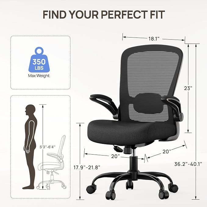 Mimoglad Ergonomic Office Chair, Comfortable Desk Chair with Flip-up Armrests, Adjustable Lumbar Support, 135° Reclining Mesh Computer Chair for Home Office, Small Spaces and Team Office, Black