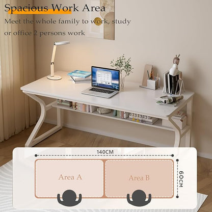 OSCHF Extra Long Desk with Bookshelf - 55" Double Long Writing Table for 2-Person Workstation, Modern Study Work Computer Desk for Home and Office, Warm White