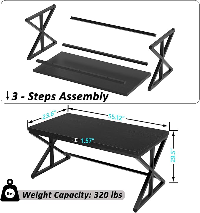 IBF 55 Inch Black Home Office Desks, Modern Computer Desk for Writing Study, Wood Metal Simple Gaming Work Table for Bedroom, Industrial Wooden Pc Workstation Executive Desk, Black Oak