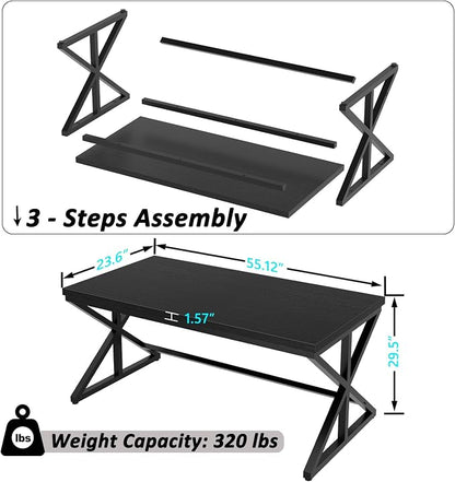 IBF 55 Inch Black Home Office Desks, Modern Computer Desk for Writing Study, Wood Metal Simple Gaming Work Table for Bedroom, Industrial Wooden Pc Workstation Executive Desk, Black Oak