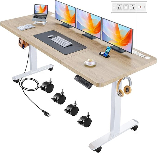 70'' x 27'' Electric Standing Desk Adjustable Height with Charging Station, Wheels, 2 USB Ports, 3 Power Outlets, 27''-46'' Lifting Range Stand up Desk for Home Office(Oak Gery)