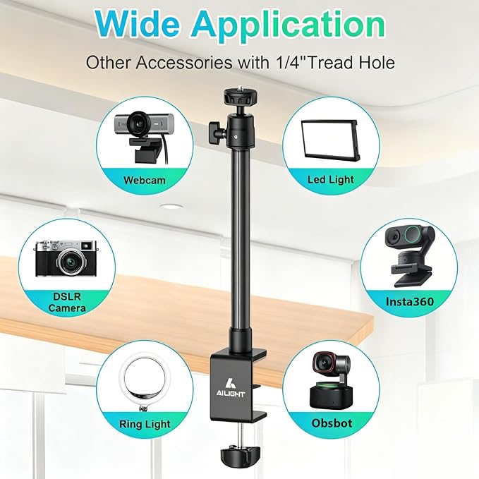 Ailight Desk Mount for Live Streaming, Instant Height Adjustable C-Clamp Stand with Ball Head & Phone Holder, 1/4" Screw for Camera/Smartphone/Webcam, Tool-Free Telescopic for Vlogging & Recording