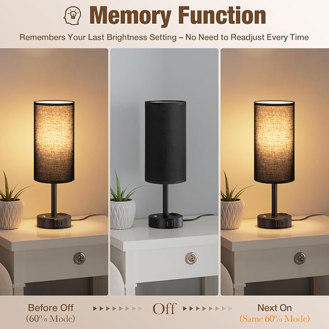 Touch Bedside Table Lamp with Memory - Stepless Dimmable Lamp for Bedroom, Small Nightstand Lamp with Dual USB Charging Ports and AC Outlet, Wood Night Light, Desk Lamp for Nursery, (Black & Black)