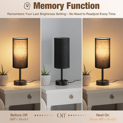 Touch Bedside Table Lamp with Memory - Stepless Dimmable Lamp for Bedroom, Small Nightstand Lamp with Dual USB Charging Ports and AC Outlet, Wood Night Light, Desk Lamp for Nursery, (Black & Black)