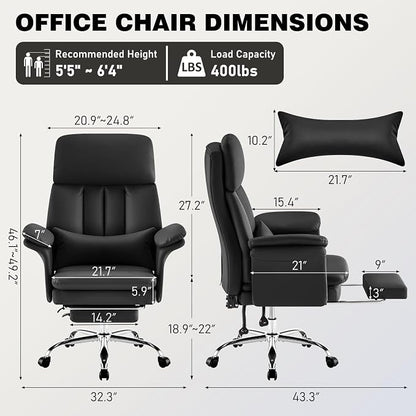 Leather Home Office Chair with Footrest 400lbs, High Back Rolling Desk Chair with Lumbar Support Soft Armrests, Excutive Office Chairs with Wheels Height Adjustable Rocking Swivel Functions,Black