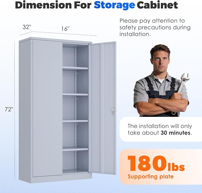 INTERGREAT Metal Garage Storage Cabinet with Lock, 72" Storage Cabinet with Locking Doors and 4 Adjustable Shelves, Lockable Steel Tool Cabinet for Home Office, School, Cement Grey