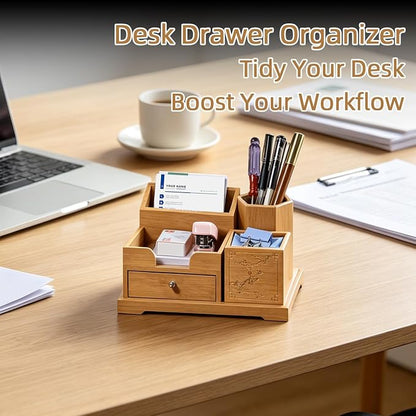 Bamboo Desk Organizer with Drawer, Pen Holder & Business Card Slot, Multi-Compartment Storage Caddy for Office & Home Office, Ideal for Pens, Sticky Notes, Clips, (Bamboo natural)