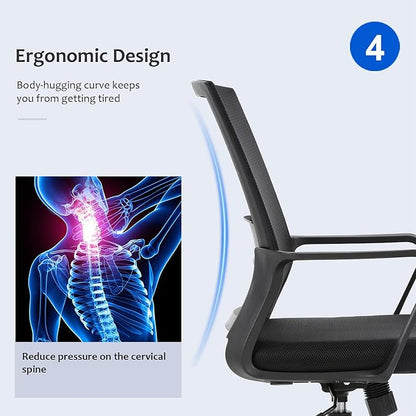 FDW Office Chair Ergonomic Desk Chair Mid-Back Mesh Computer Chair Lumbar Support Comfortable Executive Adjustable Rolling Swivel Task Chair with Armrests,Black