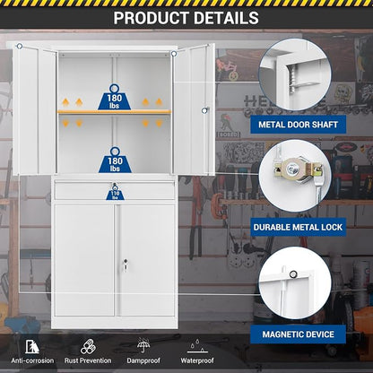 Fesbos 71" Metal Cabinet-White Heavy Duty Storage File Cabinet Steel Tool Cabinets with Shelves, Lockable Doors and Drawers- for Garage, Pantry, Warehouse - Assembly Required