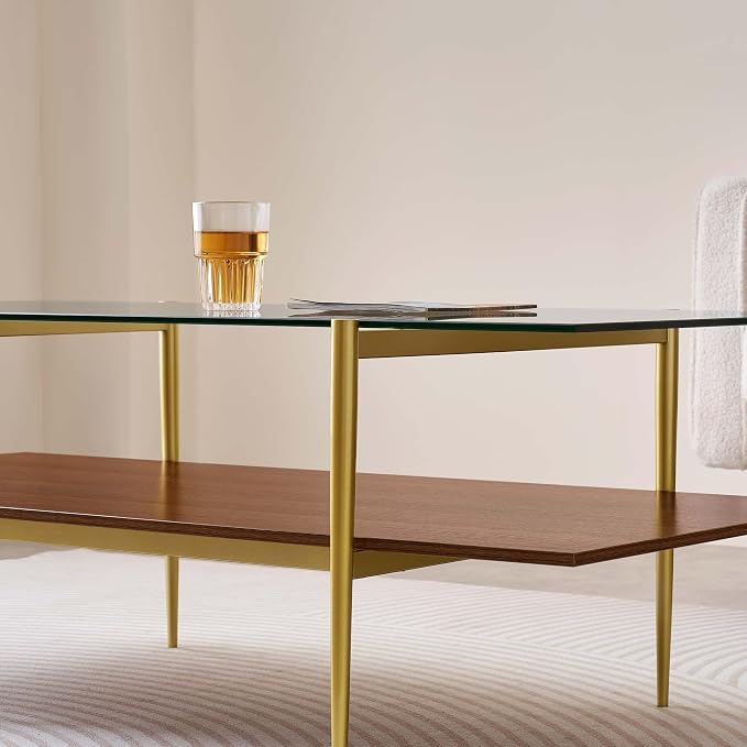 LumFurn X-Large Rectangle Glass Coffee Table, Mid-Century Modern Design for Living Room, L47xW24xH17 inch, 2-Tier Structure, Clear Glass Top and Walnut MDF Shelf, Conical Metal Legs with Gold Finish