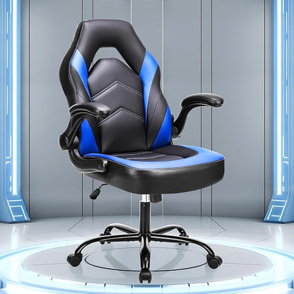 NEWBULIG Gaming Office Computer Chair – Ergonomic Mid-Back with Flip-Up Armrests, Adjustable Height, Lumbar Support & 360° Silent Swivel Wheels, PU Leather for Home/Office, Blue